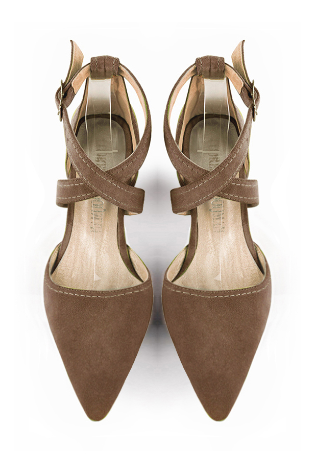 Women's chocolate brown open side dress shoes, with crossed straps. Tapered toe. Low flare heels - Top view